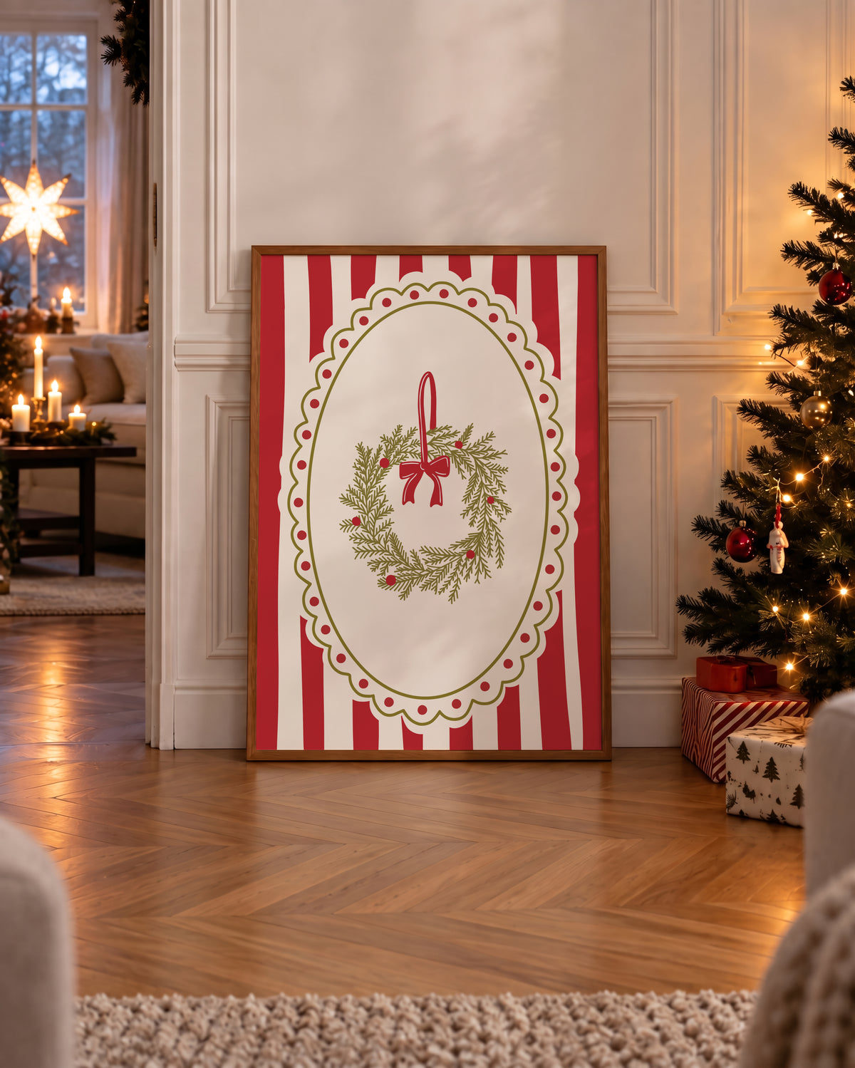 Red Vintage Whimsical Christmas Wreath Print