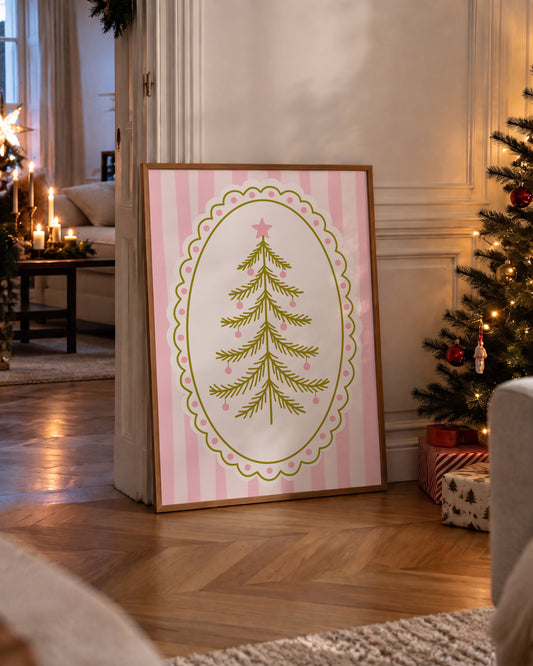Pink Vintage Whimsical Christmas Tree Print