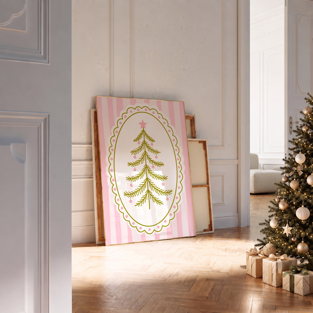Pink Vintage Whimsical Christmas Tree Print