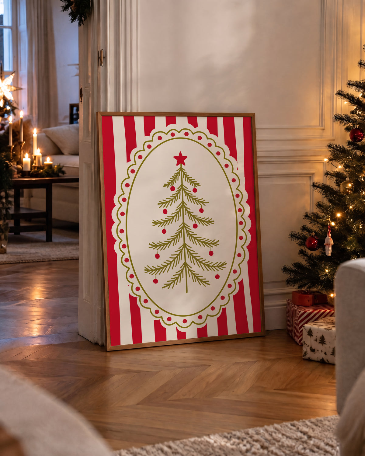 Red Vintage Whimsical Christmas Tree Print