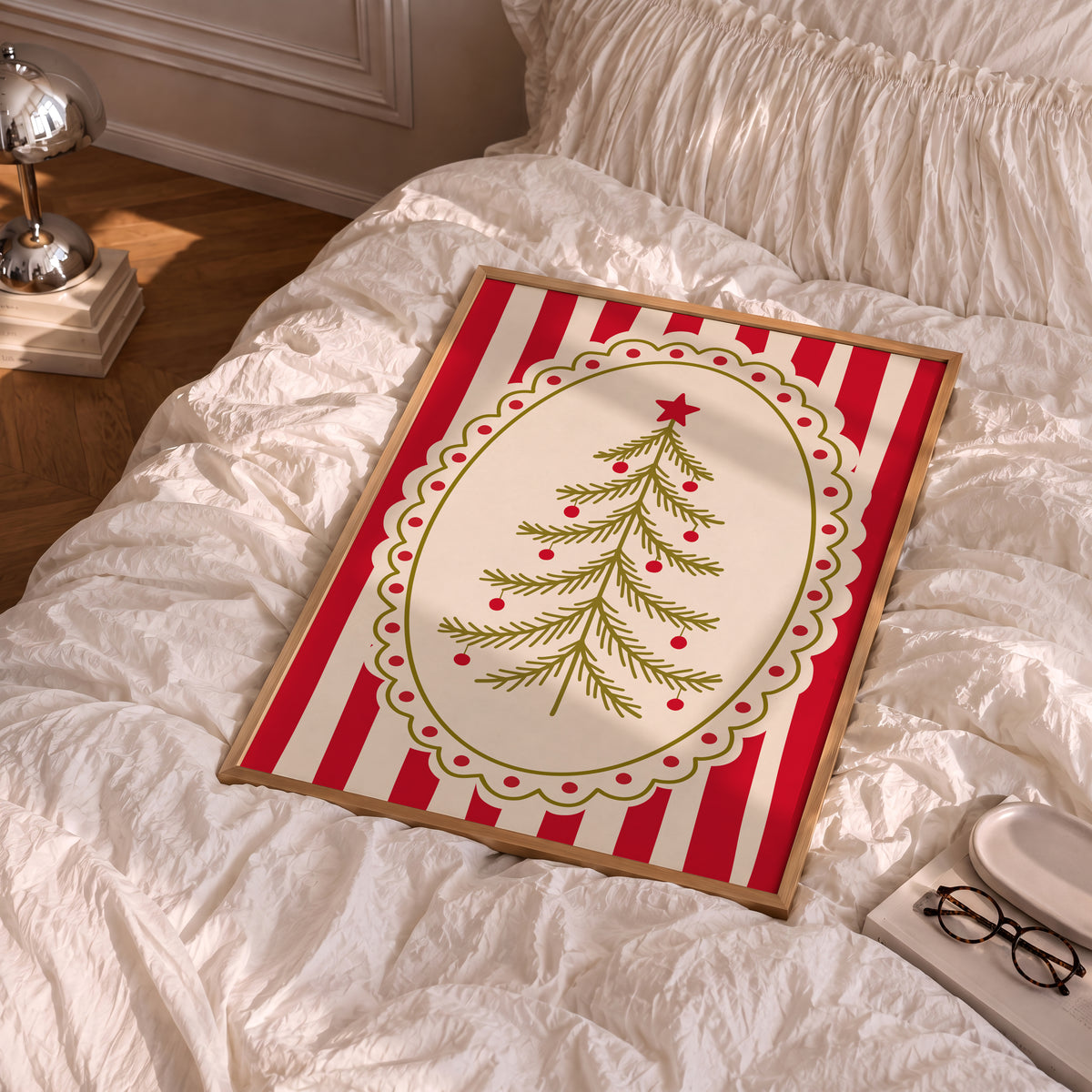 Red Vintage Whimsical Christmas Tree Print