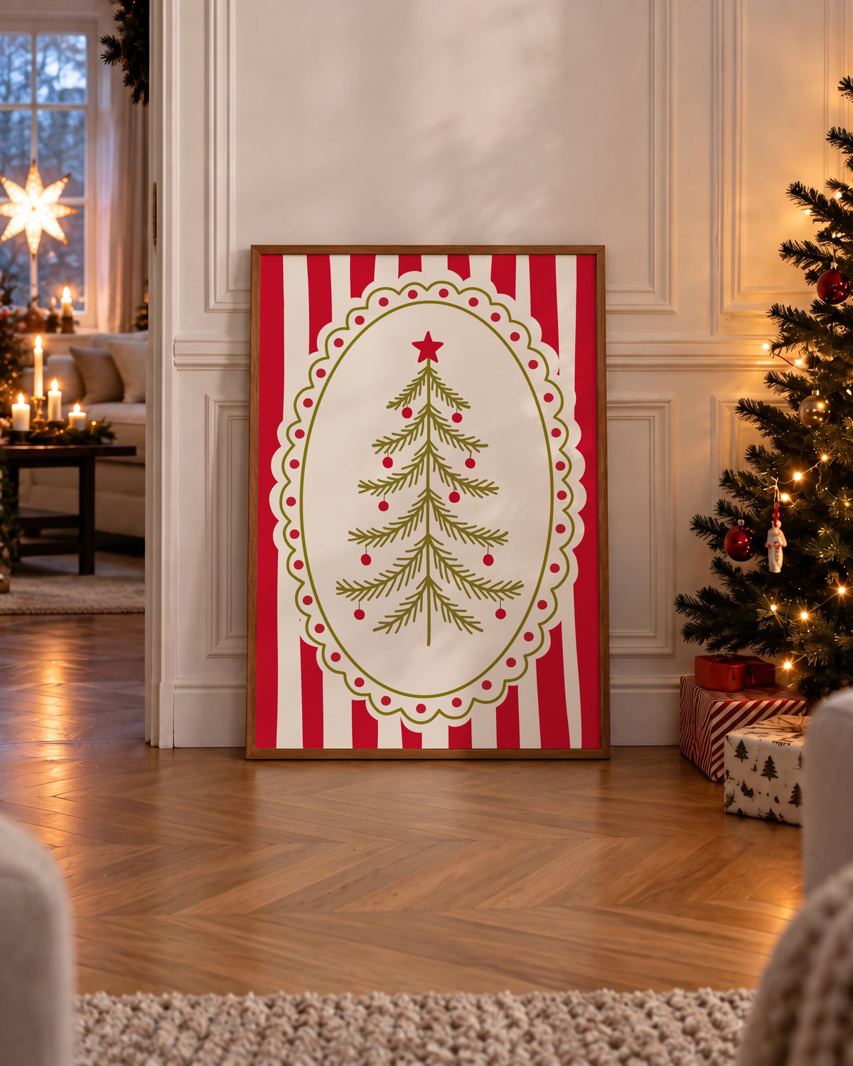 Red Vintage Whimsical Christmas Tree Print