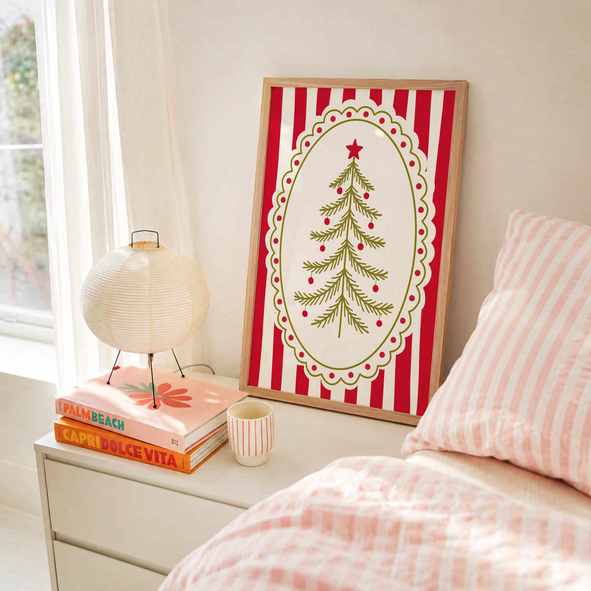Red Vintage Whimsical Christmas Tree Print