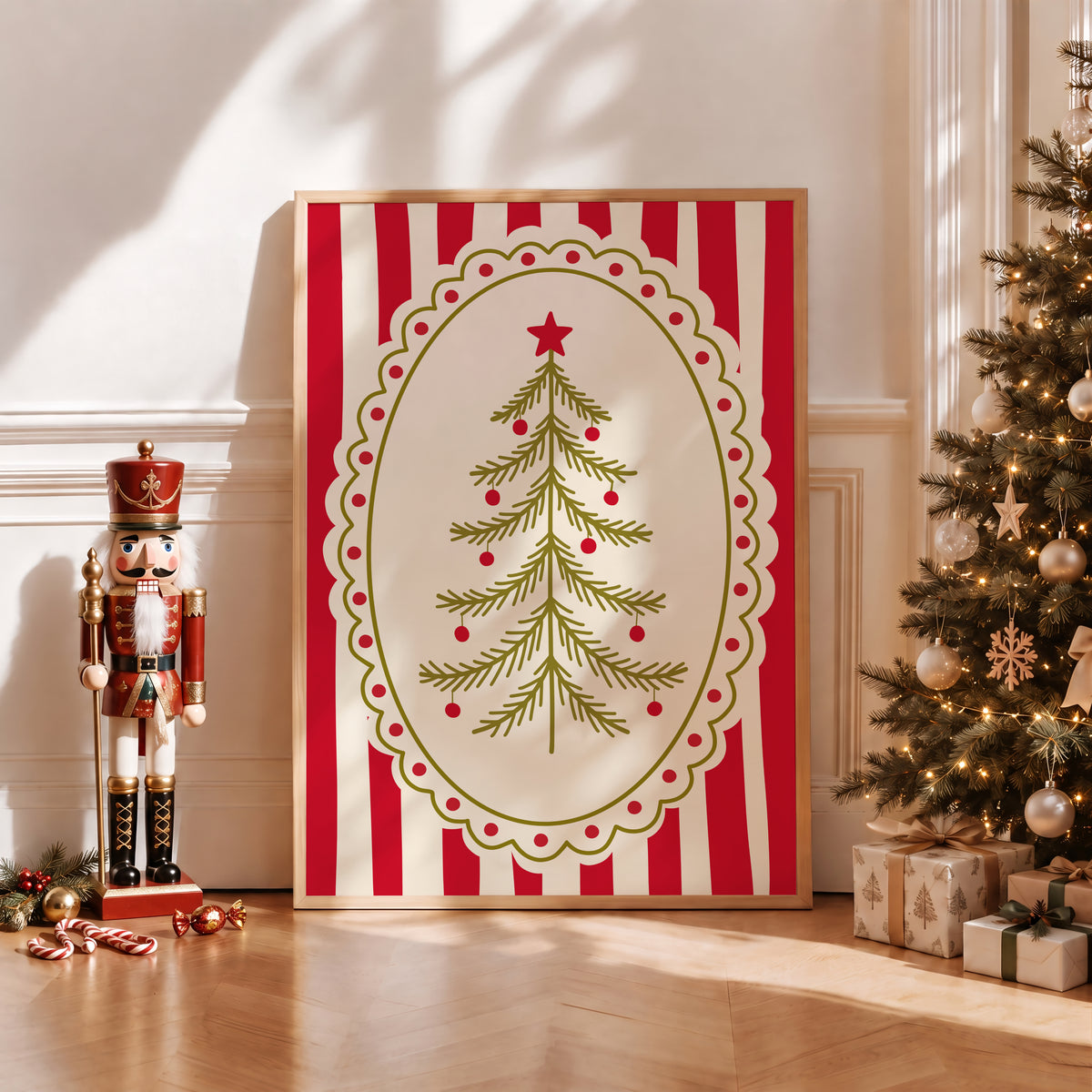Red Vintage Whimsical Christmas Tree Print