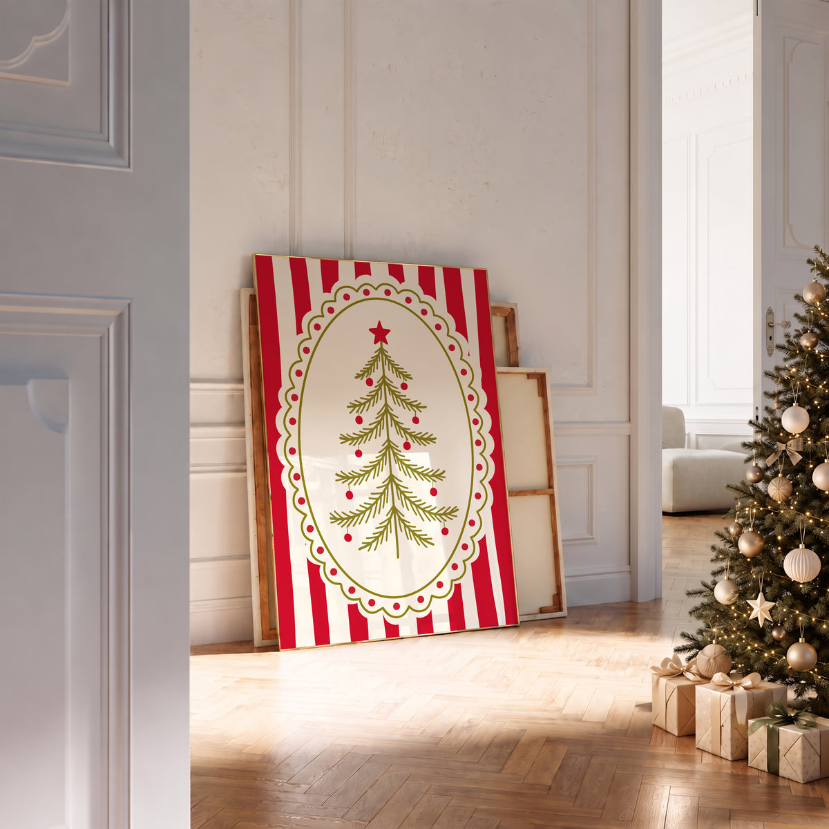 Red Vintage Whimsical Christmas Tree Print