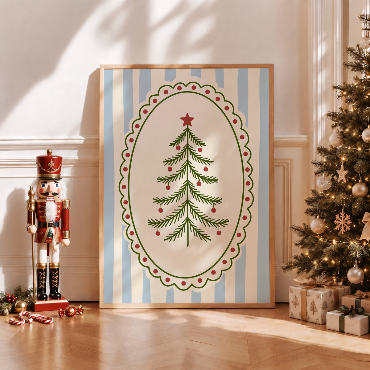Blue Vintage Whimsical Christmas Tree Print
