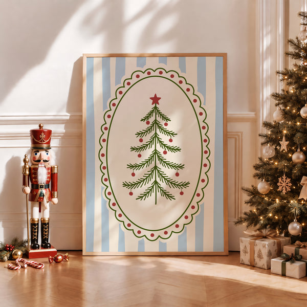 Blue Vintage Whimsical Christmas Tree Print
