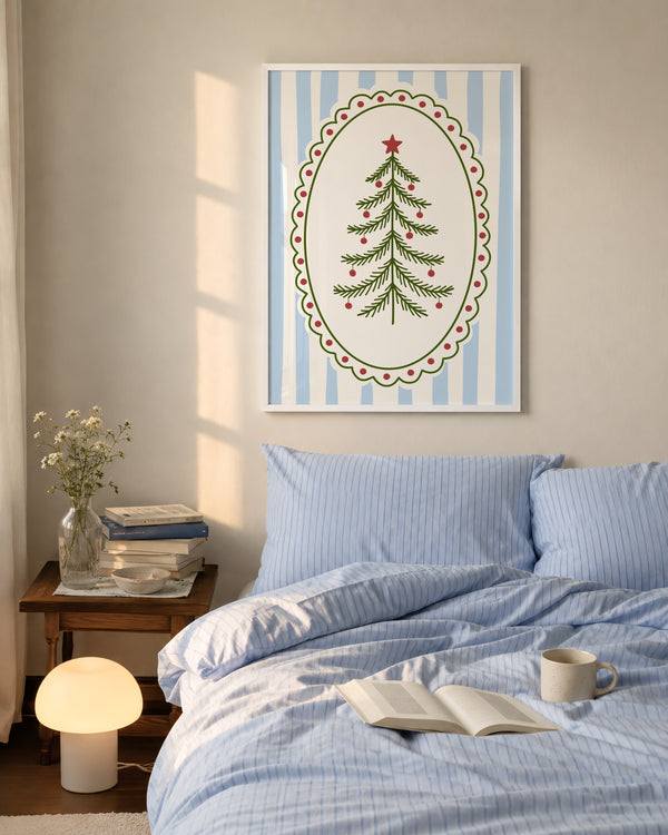 Blue Vintage Whimsical Christmas Tree Print