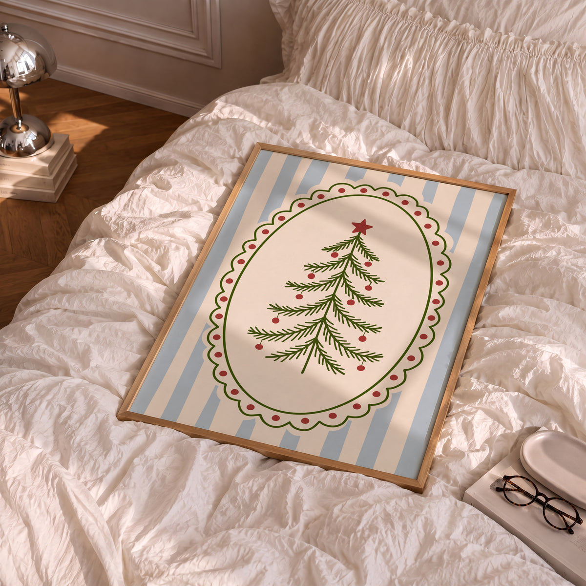 Blue Vintage Whimsical Christmas Tree Print