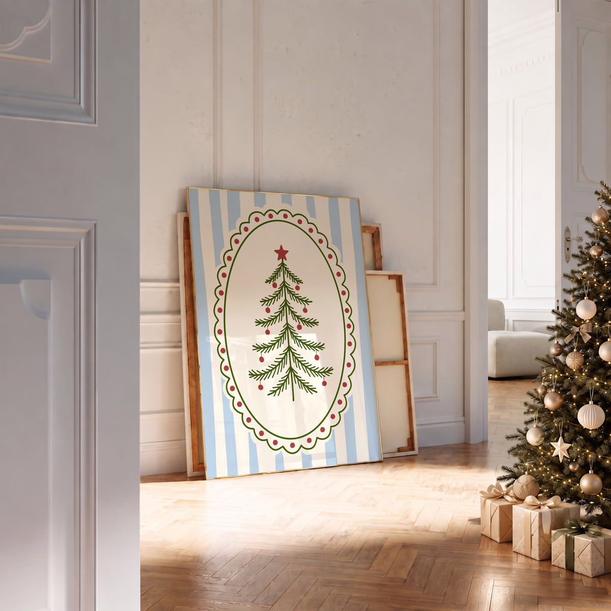 Blue Vintage Whimsical Christmas Tree Print