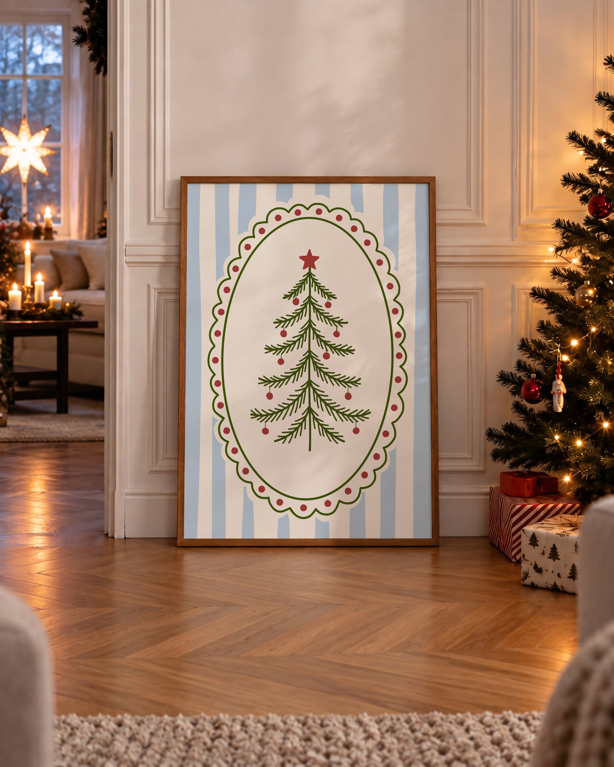Blue Vintage Whimsical Christmas Tree Print