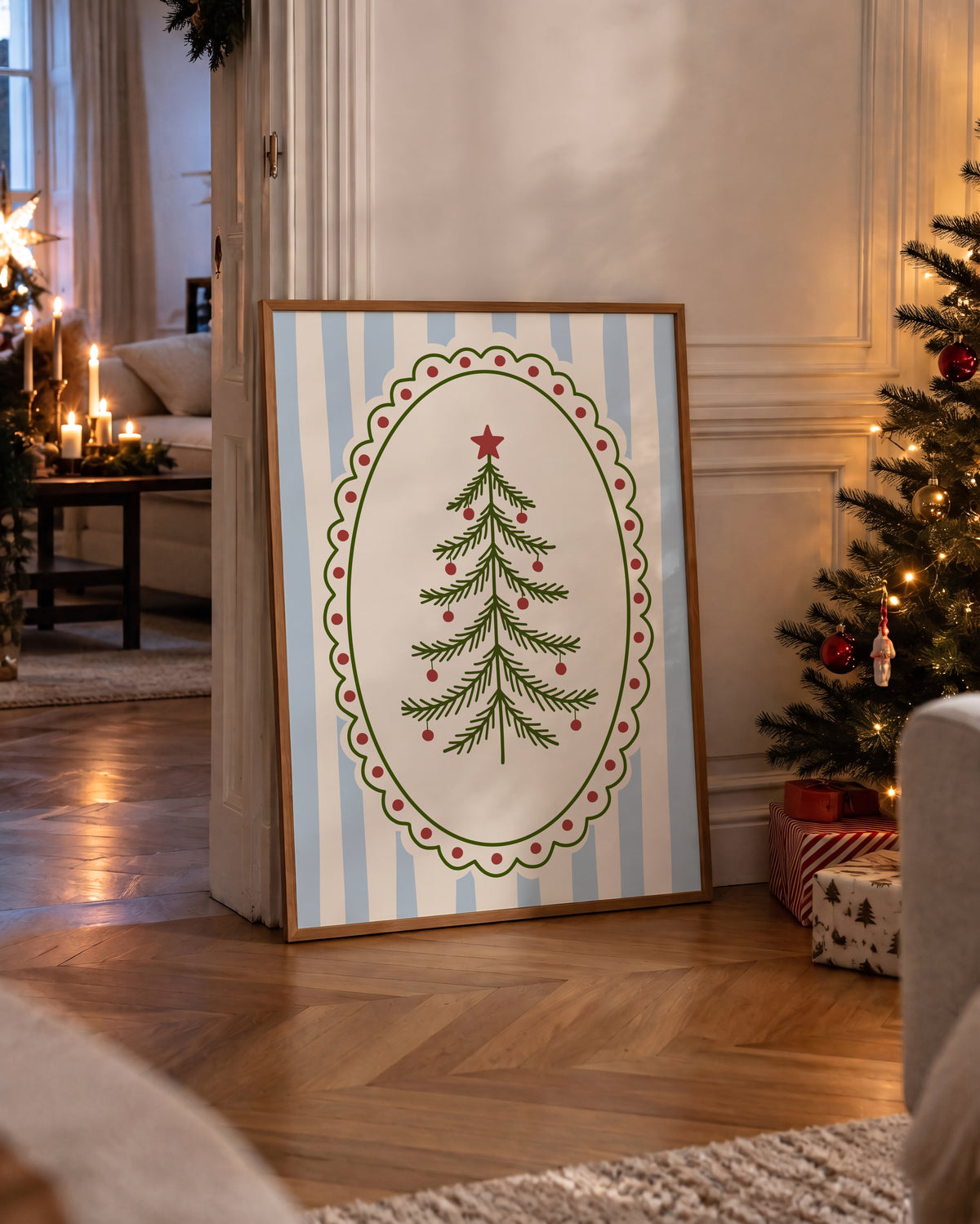 Blue Vintage Whimsical Christmas Tree Print
