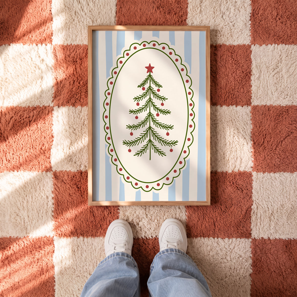Blue Vintage Whimsical Christmas Tree Print
