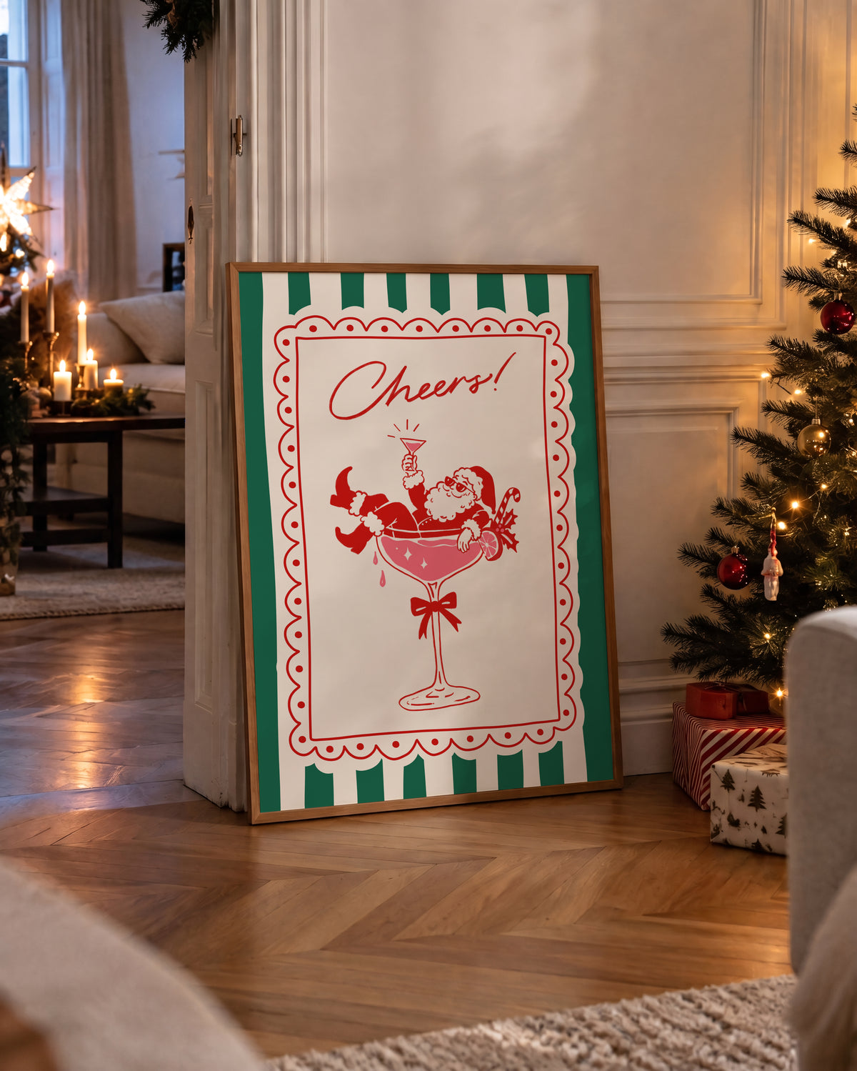 Green Stripe Santa Cocktail Print