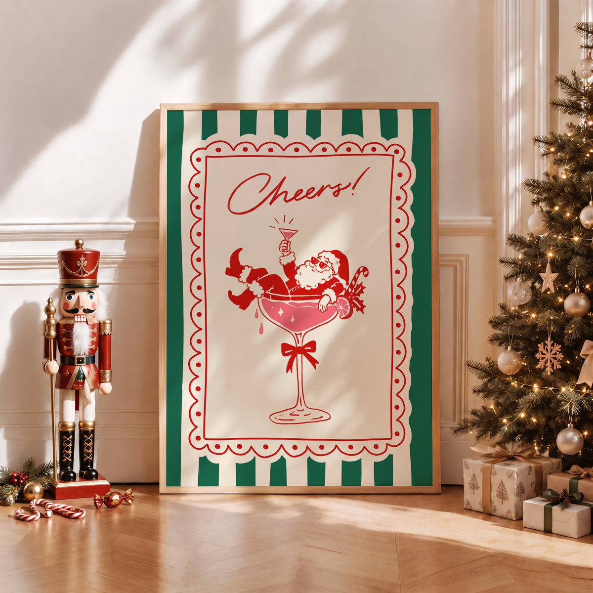 Green Stripe Santa Cocktail Print