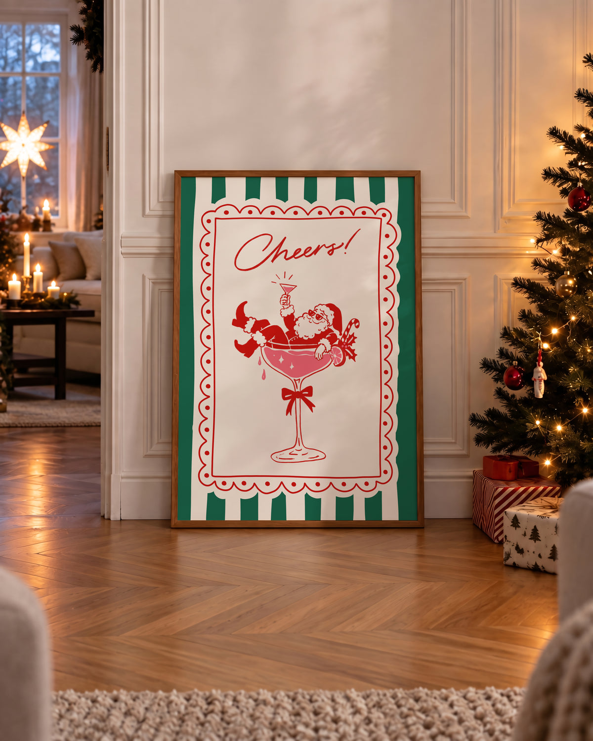 Green Stripe Santa Cocktail Print