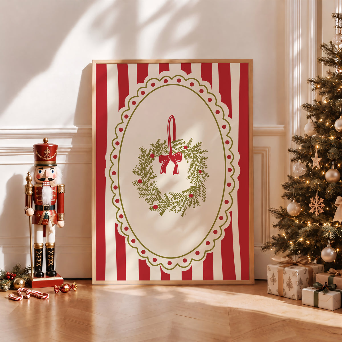 Red Vintage Whimsical Christmas Wreath Print