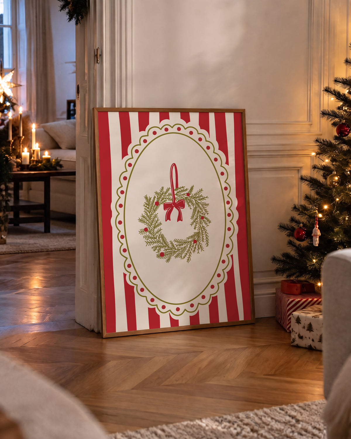 Red Vintage Whimsical Christmas Wreath Print