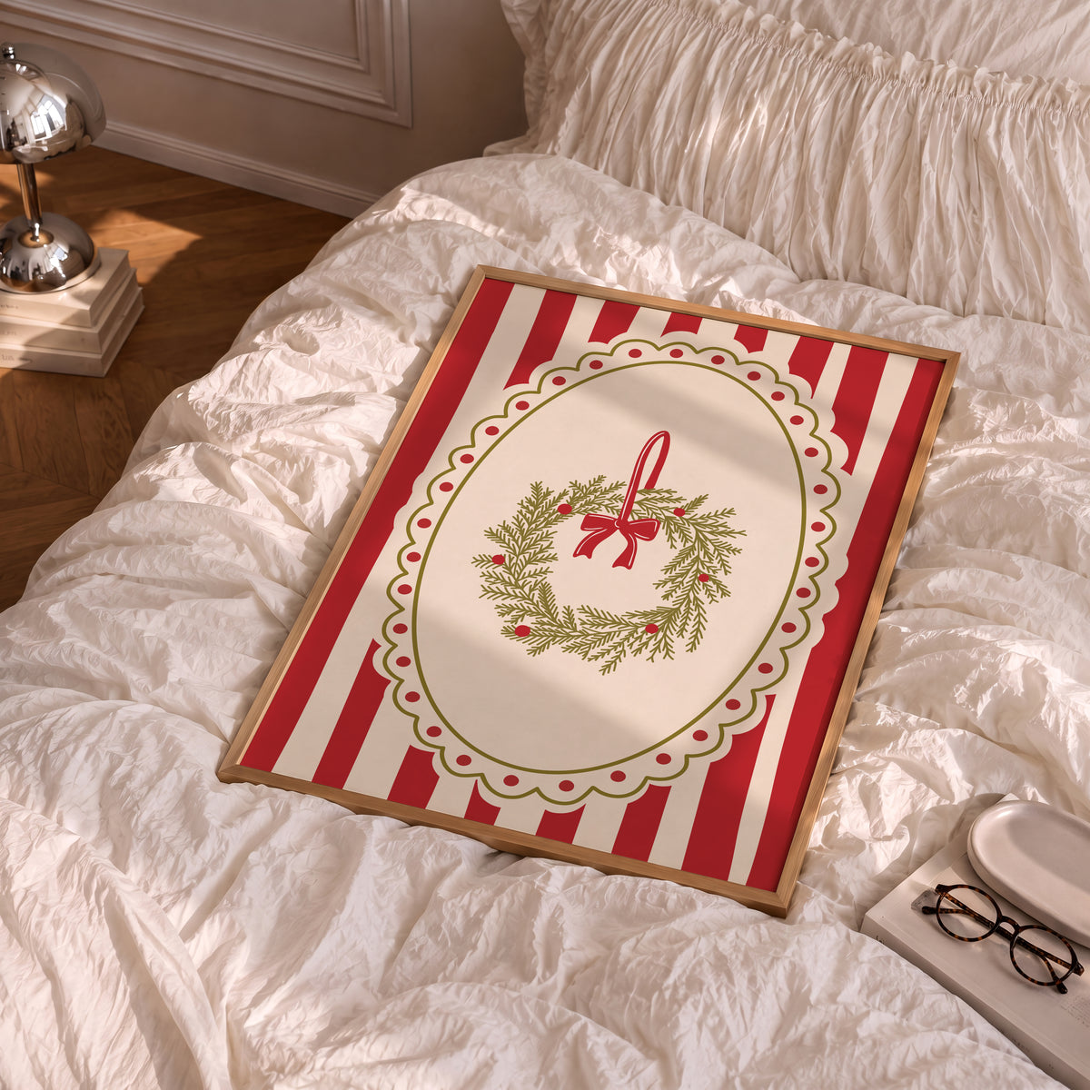 Red Vintage Whimsical Christmas Wreath Print