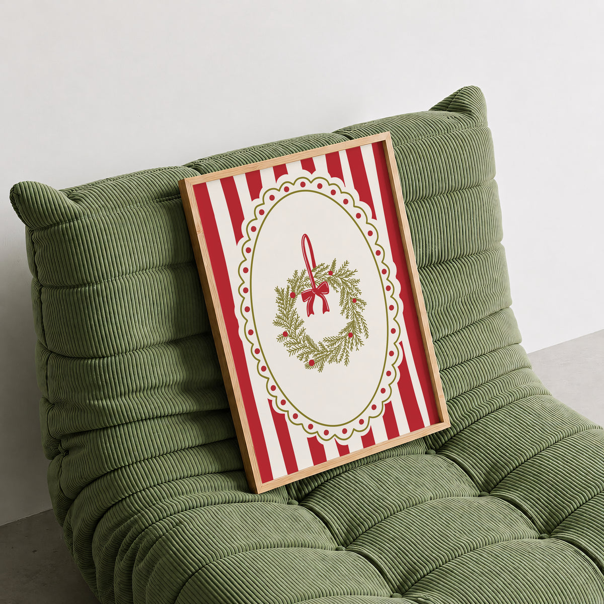 Red Vintage Whimsical Christmas Wreath Print