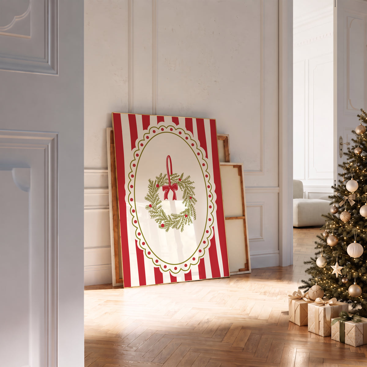 Red Vintage Whimsical Christmas Wreath Print